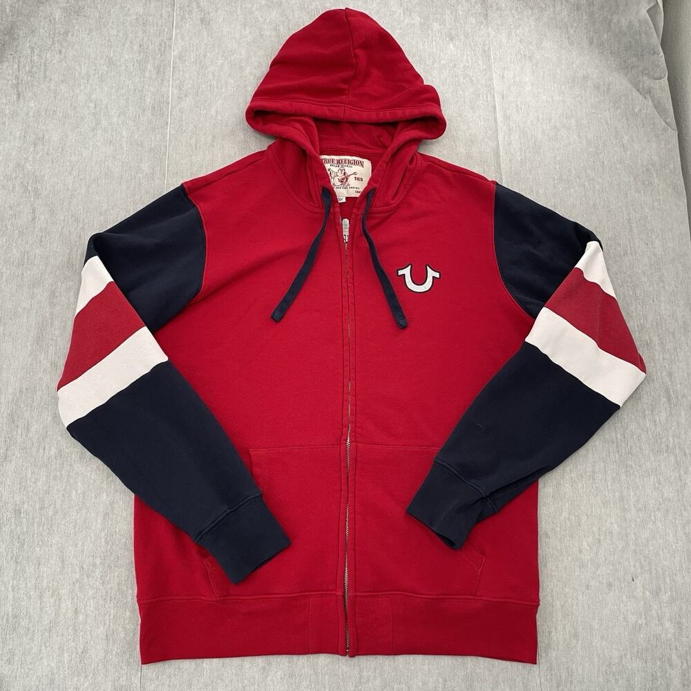True Religion Sweater Adult XL Red Full Zip Hoodie Buddha Streetwear Mens Y2K - Picture 2 of 10